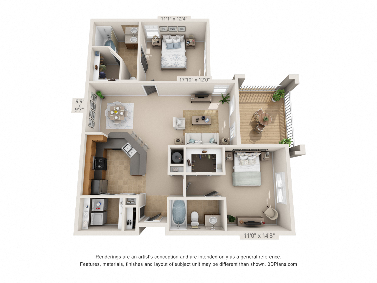 Floor plan for 2 beds, 2 baths, 1192 sqft